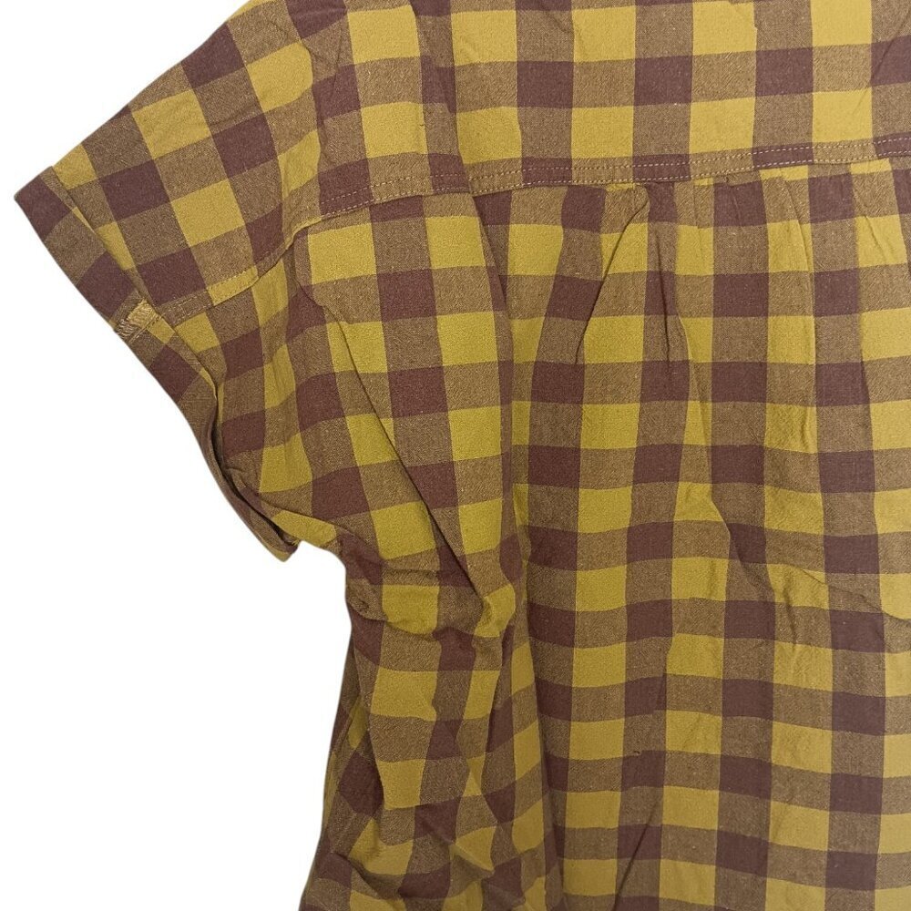 New Easel Mustard Gingham Plaid Cropped Button Front Shirt S-L 100% Cotton - Picture 11 of 13